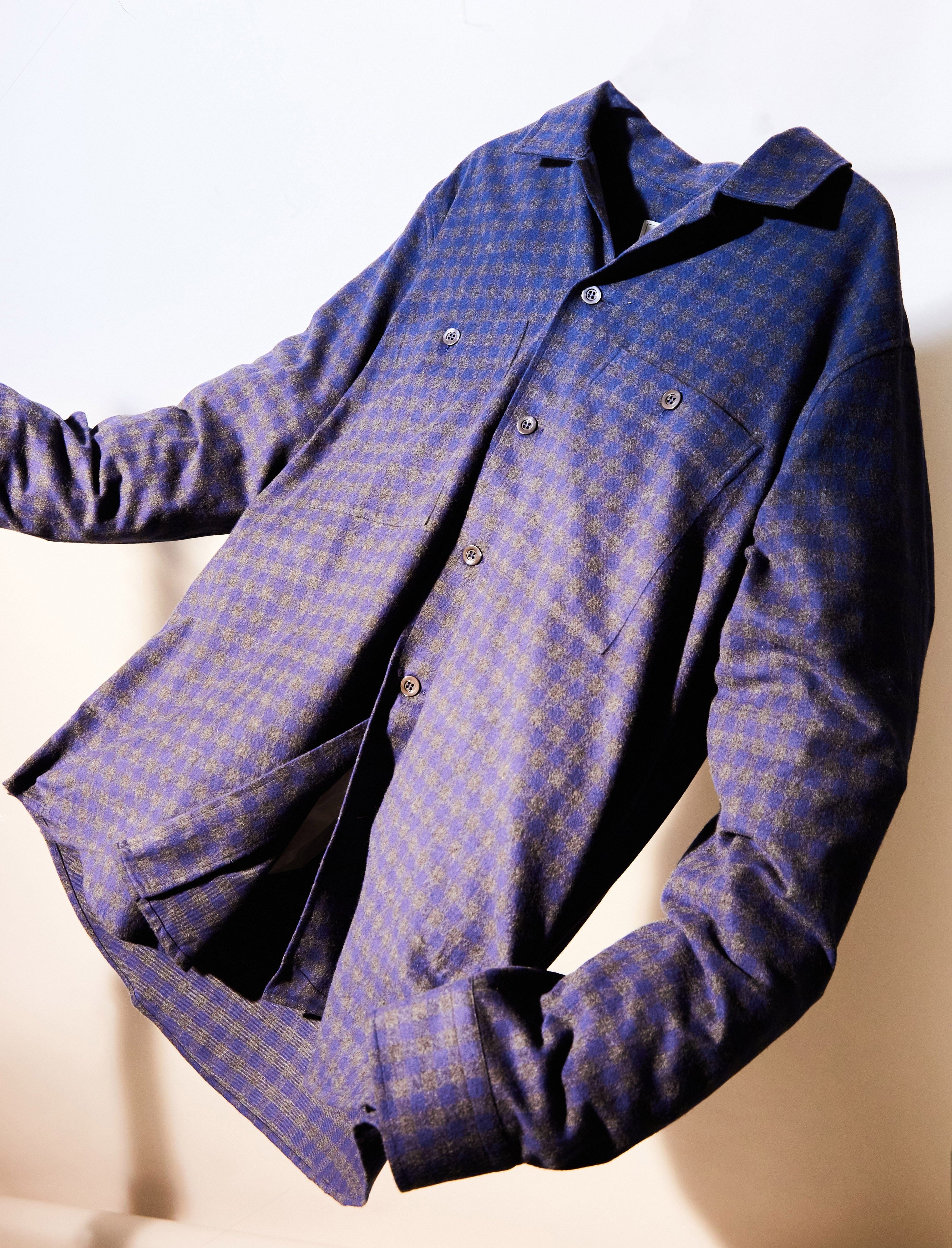 Recycled Italian Flannel Navy & Grey Check Double Pocket shirt - Image 5