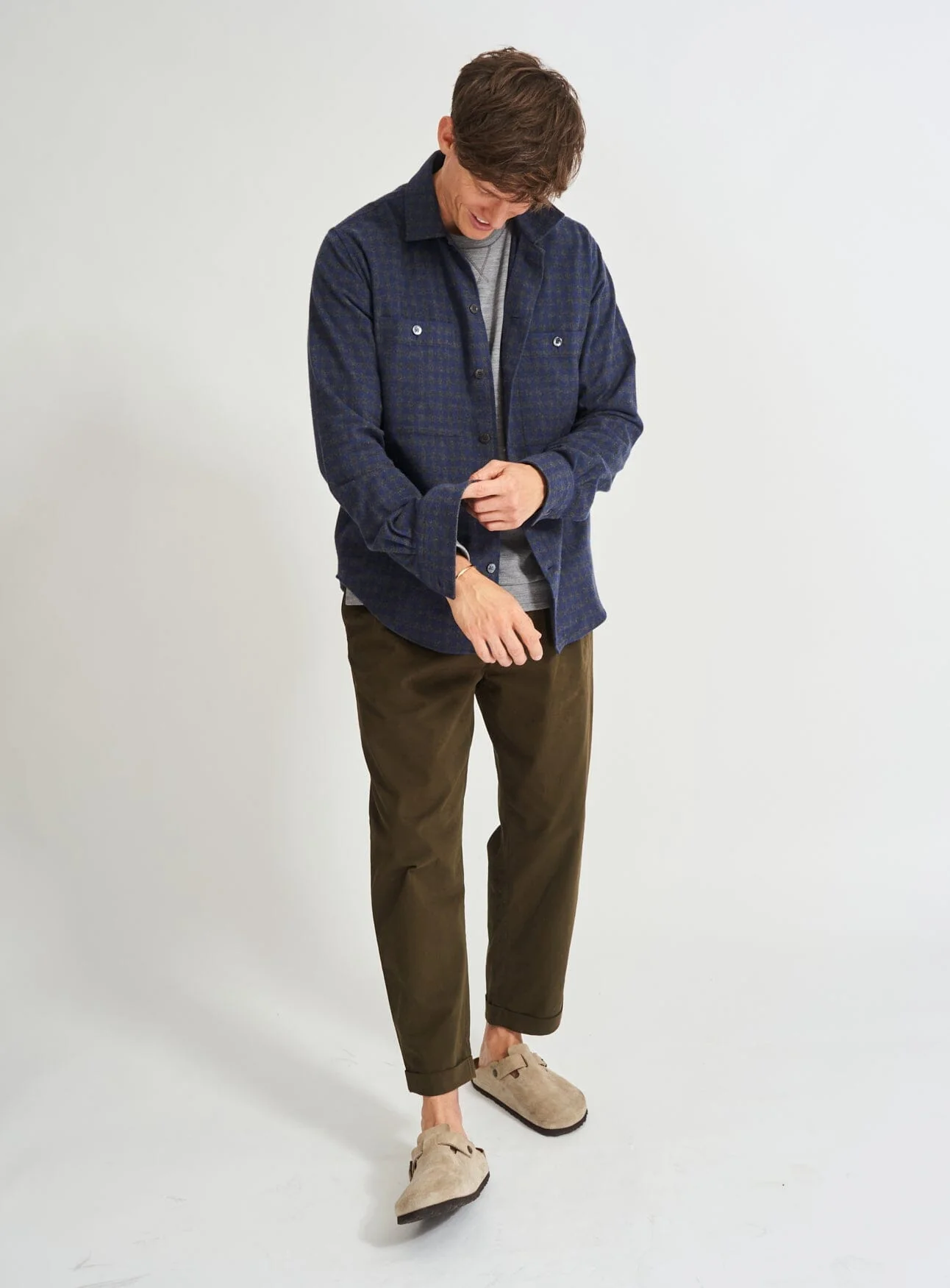 Recycled Italian Flannel Navy & Grey Check Double Pocket shirt - Image 7