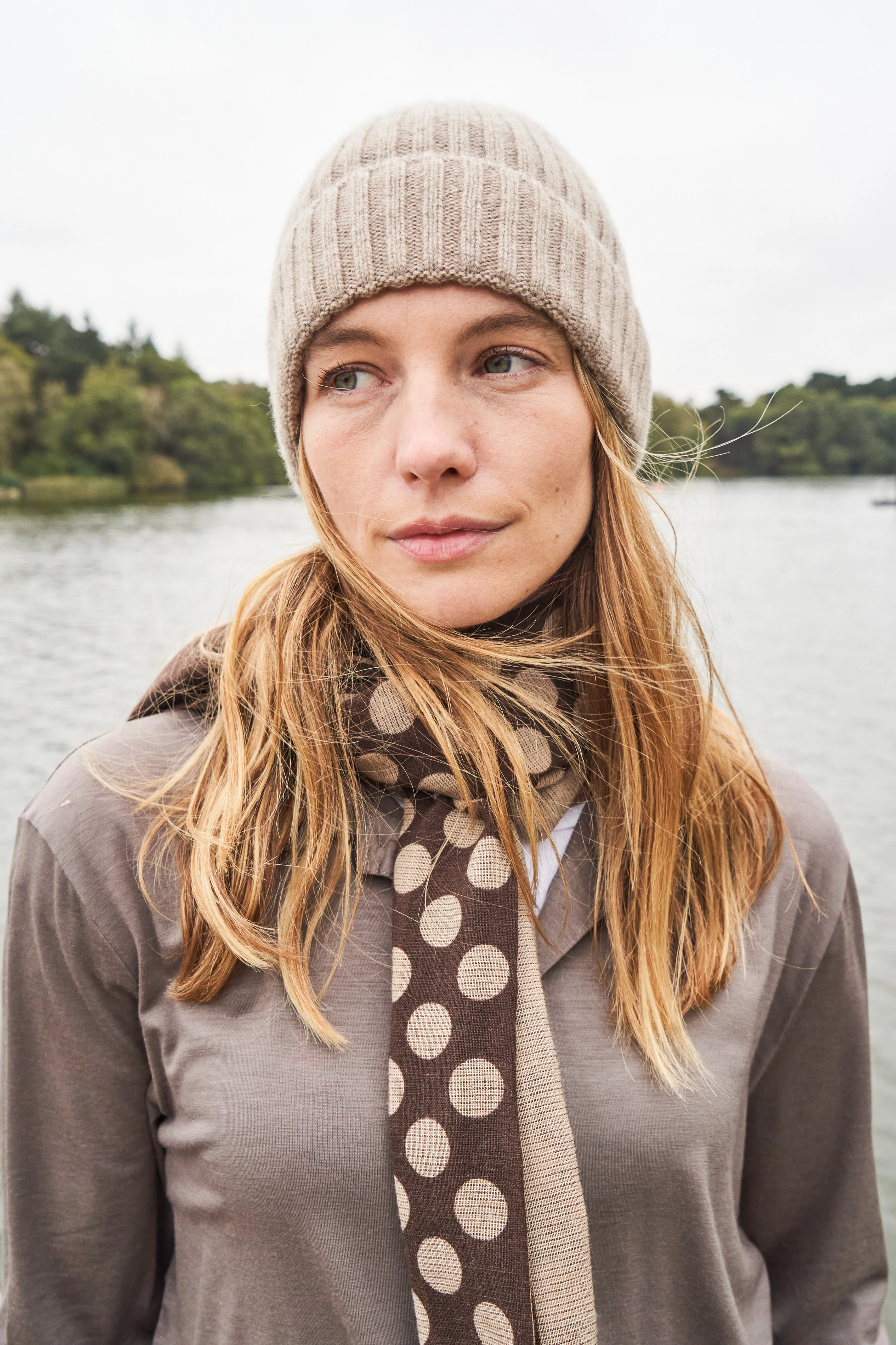 Recycled Double Faced Wool Oat Chocolate Spot Classic Scarf - Image 4