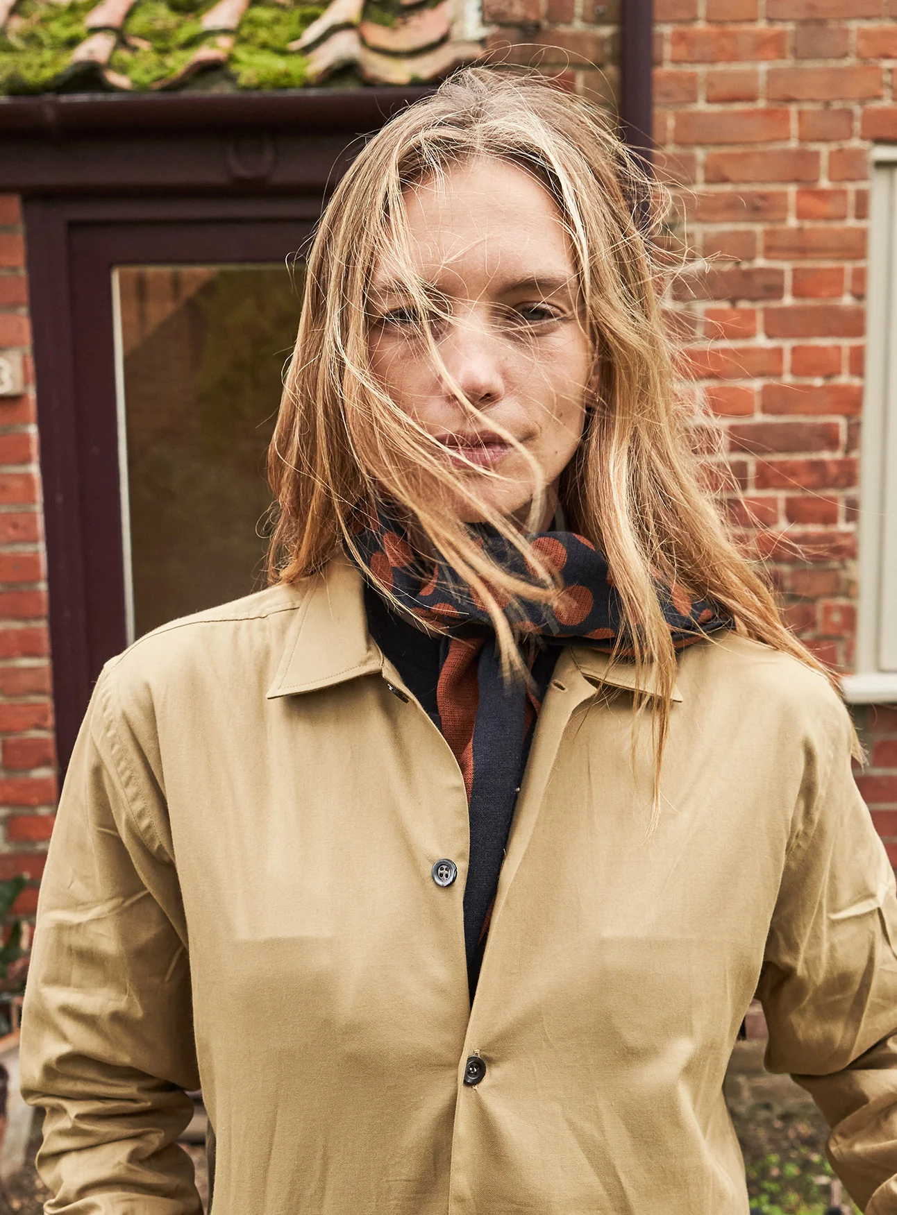 Recycled Double Faced Wool Orange Navy Spot Classic Scarf - Image 4