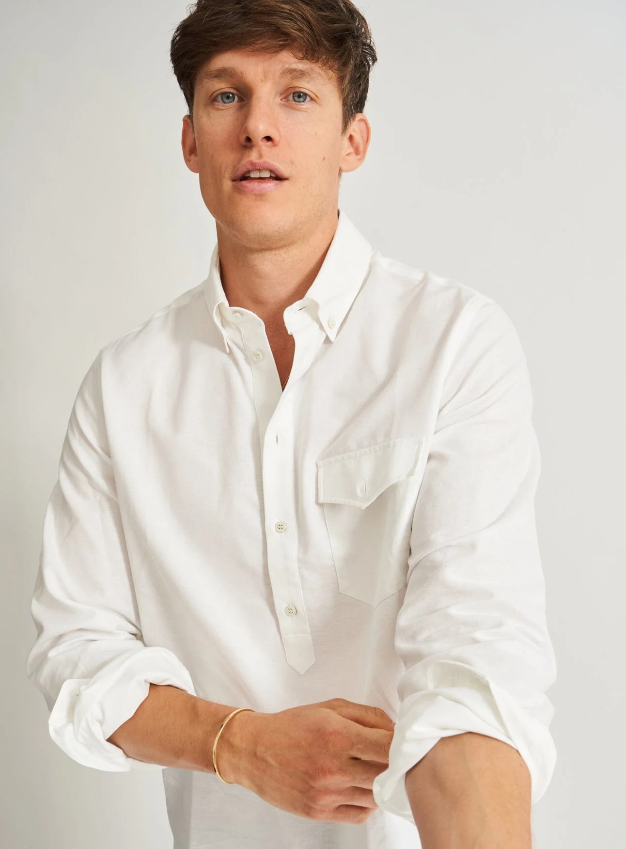 Recycled Italian White Oxford Modern Button-down Collar Popover Shirt - Image 8