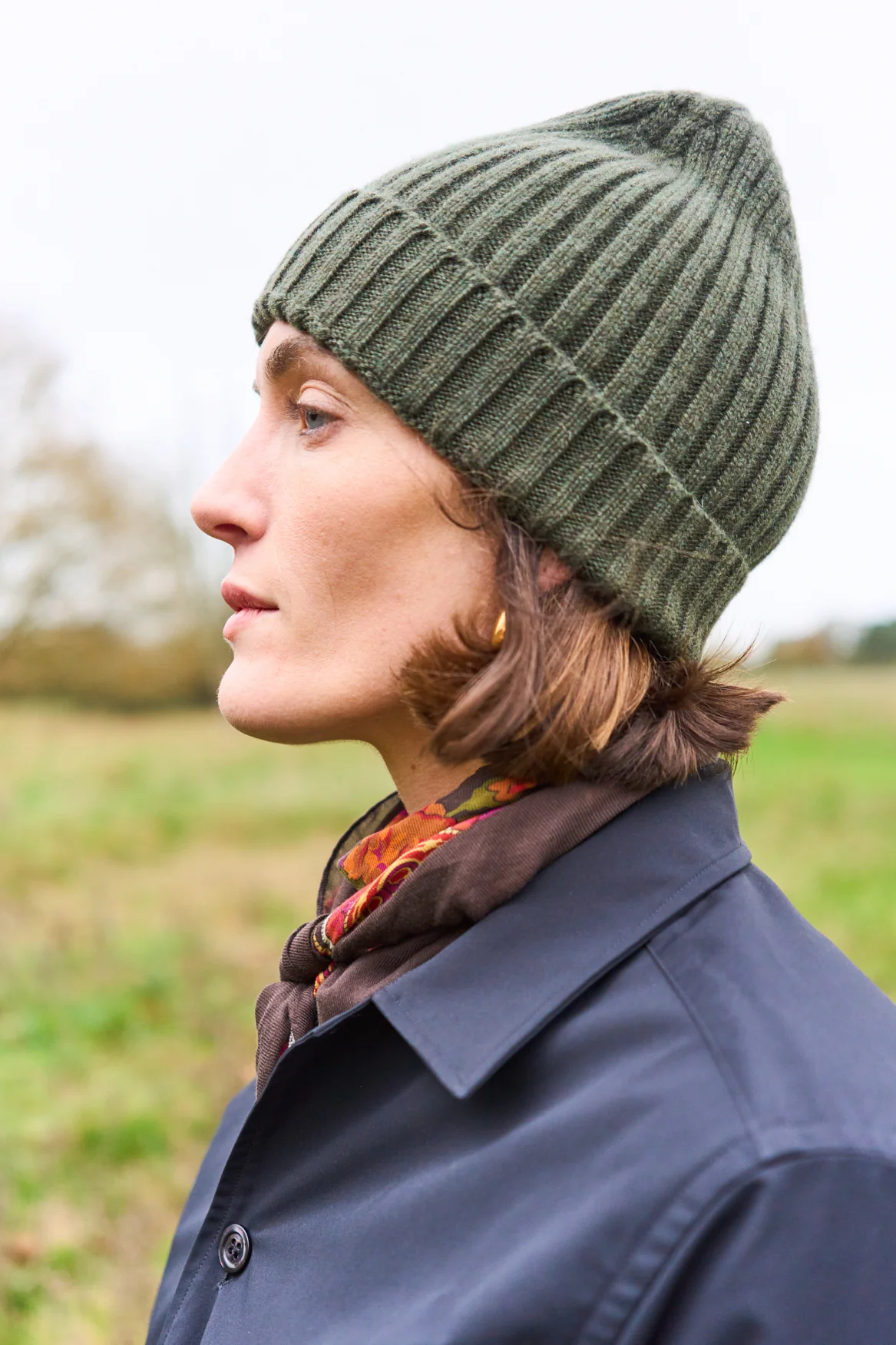 Cashmere Ribbed Olive Beanie Hat - Image 5