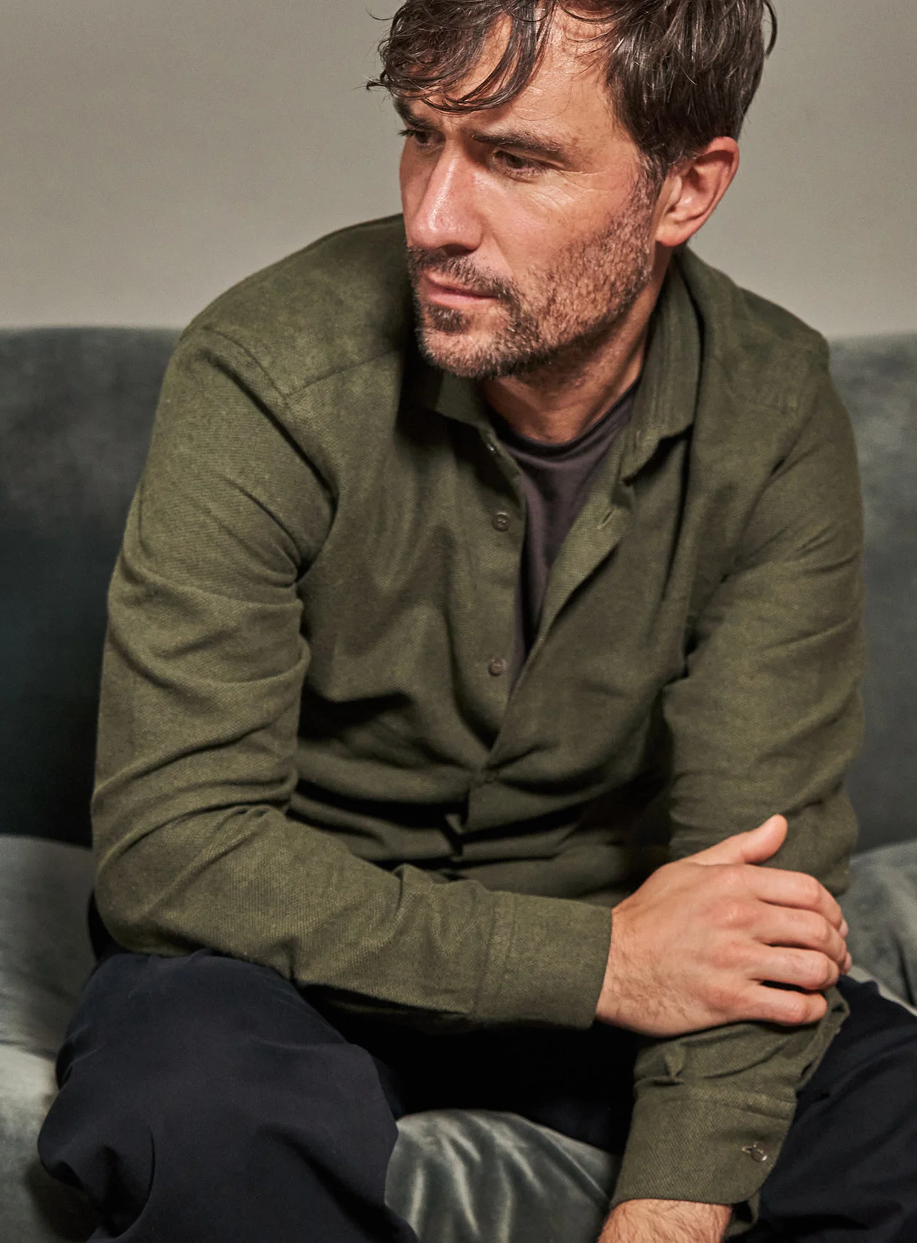 Recycled Italian Flannel Green Cut Away Collar Shirt - Image 4